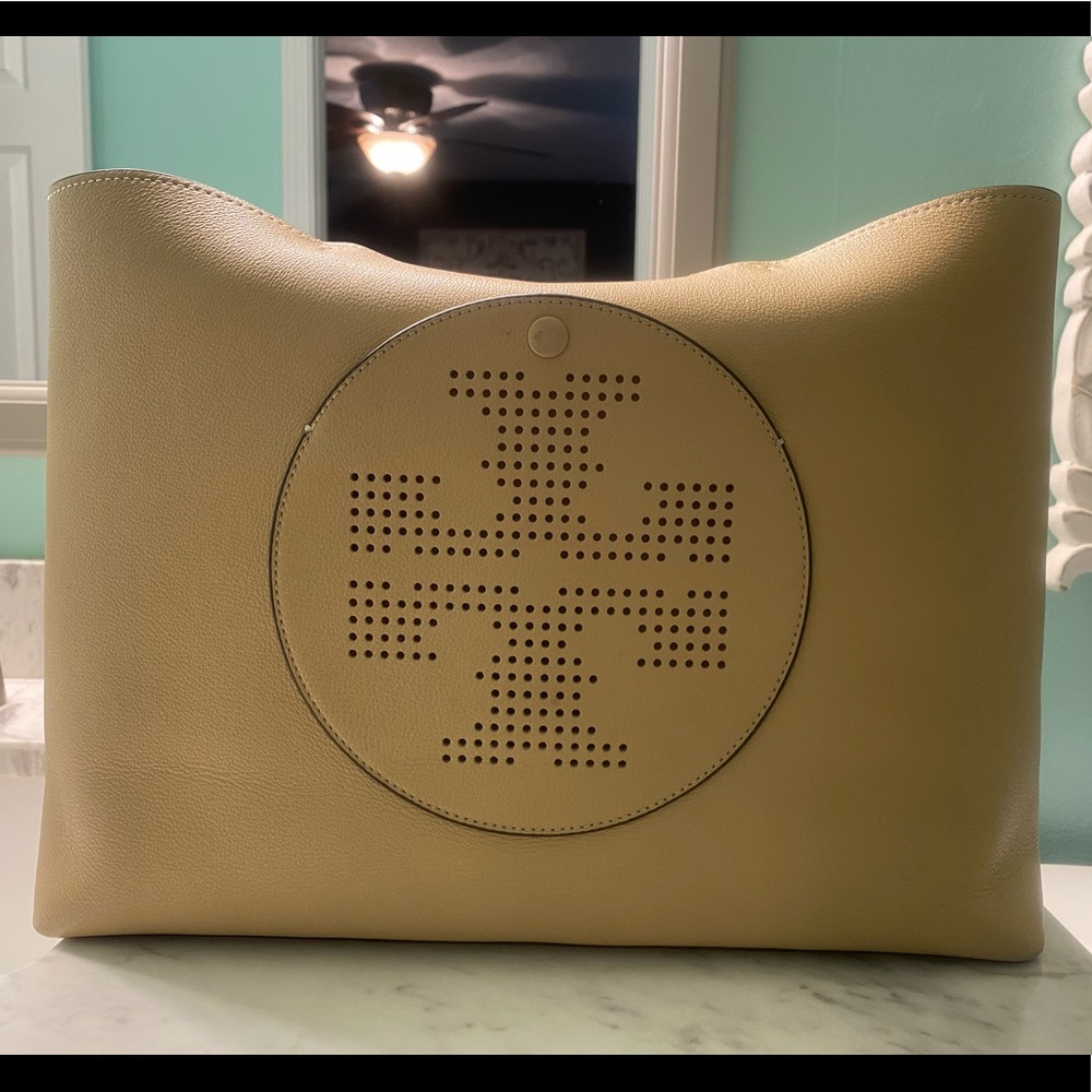 Tory Burch perforated logo leather tote, color sand dune beige